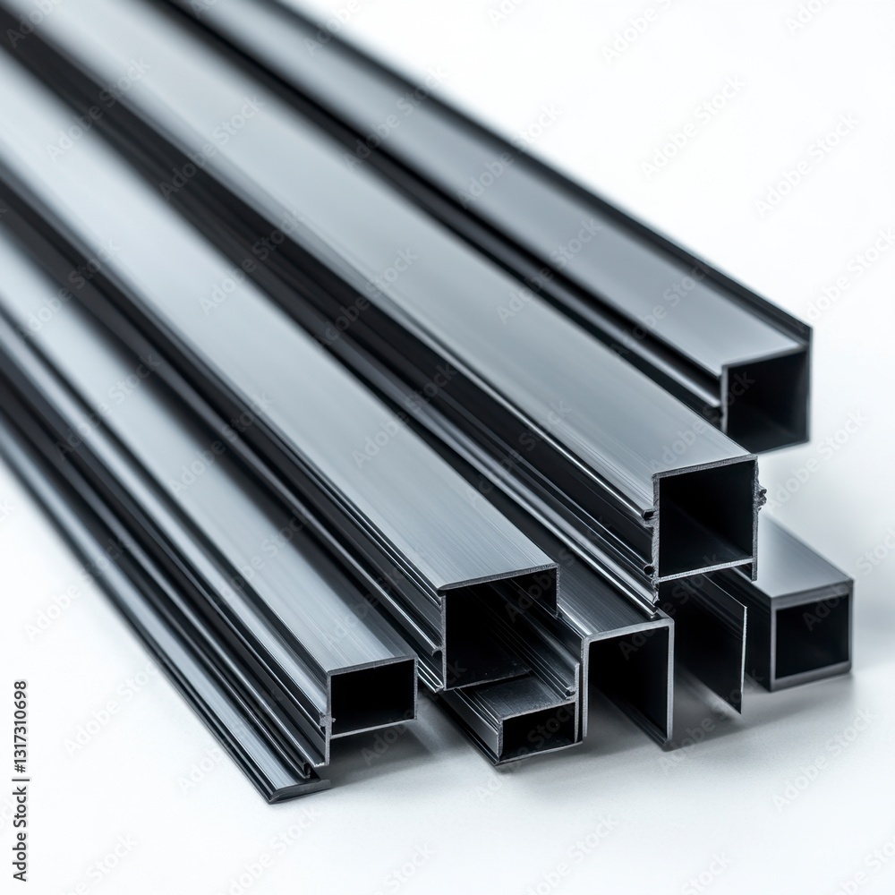 Poster close up view of various sizes of rectangular metal tubes and pipes arranged on a white background. 