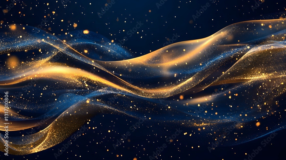 Poster abstract glowing particle waves in soft golden hues, delivering a serene and calming visual effect f