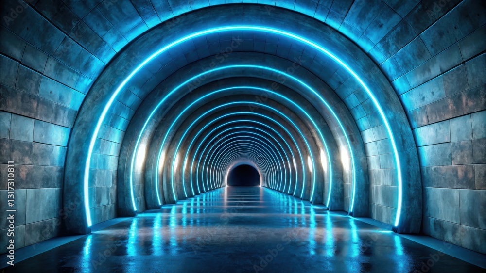 Poster A futuristic tunnel illuminated with vibrant blue neon lights, creating a mesmerizing and otherworldly atmosphere