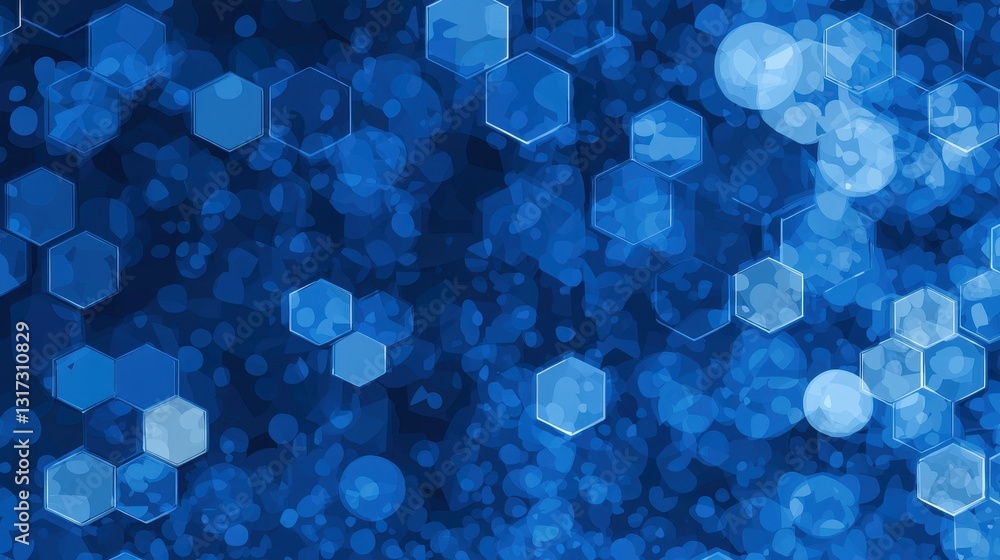 Poster blue hexagonal patterns with soft bokeh effects in the background