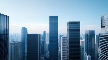 Aerial View of Modern Skyscrapers Against Clear Blue Sky in Urban Cityscape