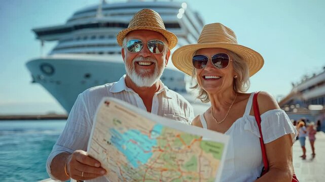 A senior couple smiles while looking at a map in front of a cruise ship at the harbor on a sunny day