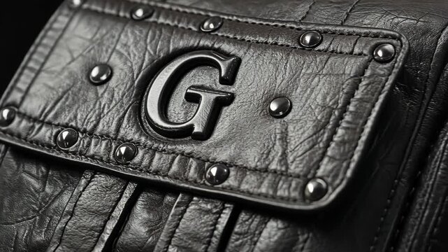 Black leather bag with an embossed G logo and decorative studs