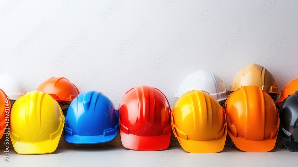 Poster colorful collection of hard hats displayed in a row on a light background for safety and constructio