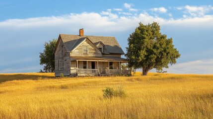 Fototapeta premium Old wooden farmhouse with wraparound porch standing in golden meadow landscape