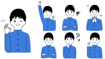 制服を着ている男の子の学生の表情セット