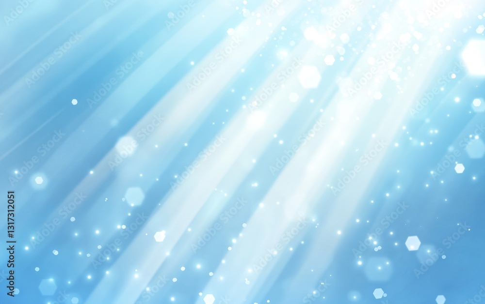 Poster abstract light blue background with glowing rays and bokeh.