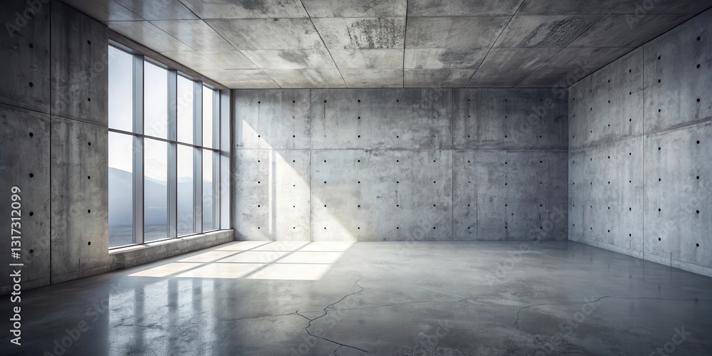 Poster An Empty Concrete Room with a Large Window Offering a View of the Distant Landscape