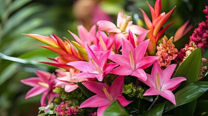 Fototapeta premium Close-up of dramatic tropical flowers with glossy leaves creating an elegant, artistic display.