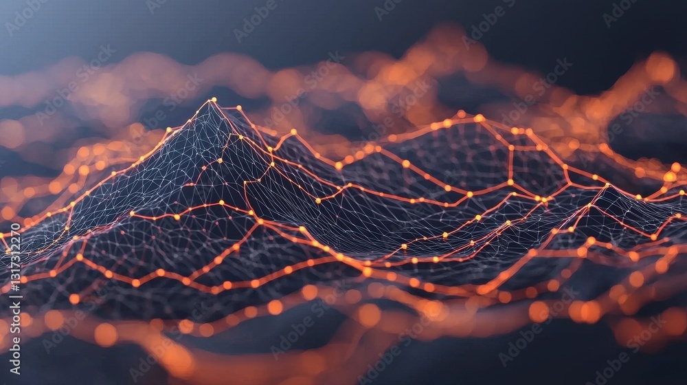 Poster abstract digital landscape with glowing lines and nodes visualization