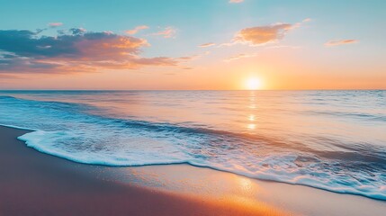 Fototapeta premium Beautiful Beach Sunset Scenery: Golden Sun, Turquoise Waves, and Soft Sand for Peaceful Wall Art.