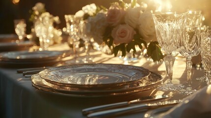 Elegant outdoor dinner table setting at sunset.