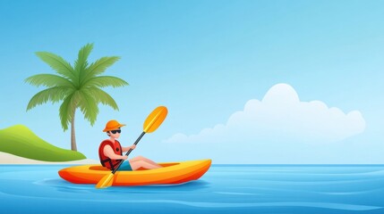 Bright and Cheerful Kayaker Paddling on Calm Waters with Palm Trees in Clear Blue Sky Background