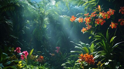 Obraz premium Dense jungle canopy filled with rich botanical details and exotic flower blooms.