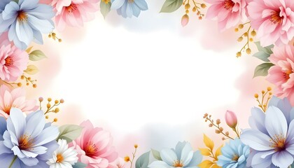 Watercolor floral frame with soft pink, lavender, and baby blue flowers, elegantly arranged around a clean white space in the center, perfect for Easter wishes or personalized messages.
