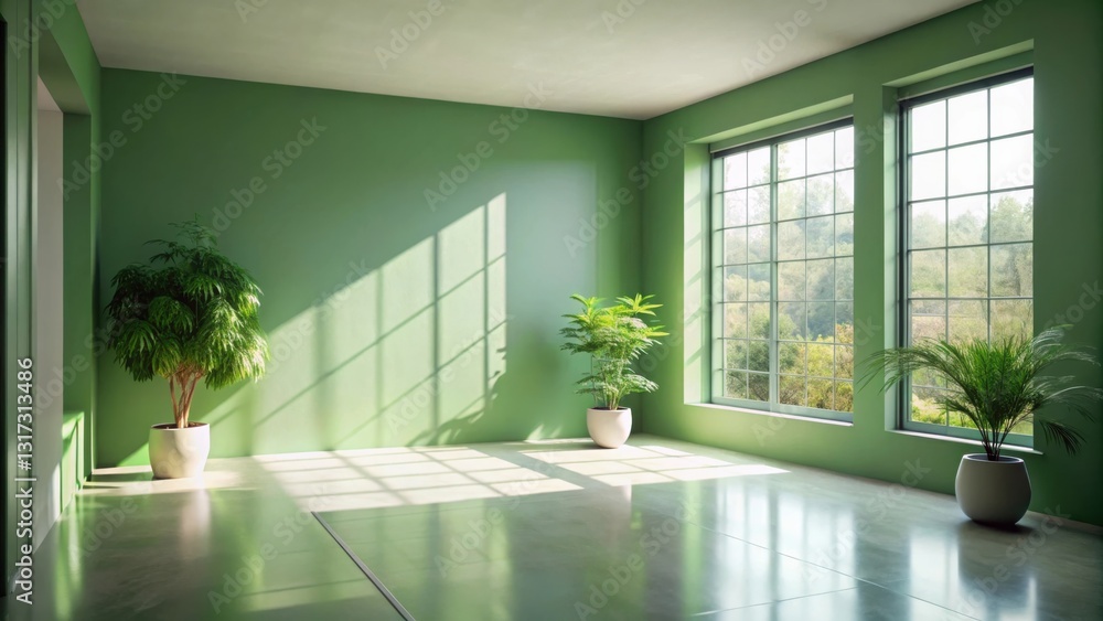 Poster sunlight streams through large windows in a minimalist room with green walls and potted plants, cast