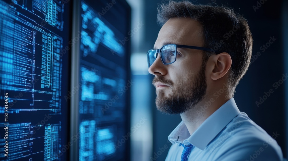 Poster focused male analyst working with data visualizations and digital displays in modern office environm