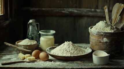 Fototapeta premium Rustic baking ingredients flour, eggs, butter, milk on wooden table.