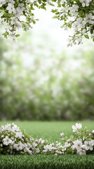 Obraz premium Blossoming flowers frame serene green landscape, evoking spring beauty