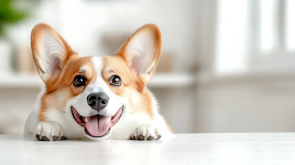 Happy Corgi Dog Relaxing on a White Surface in a Bright Room