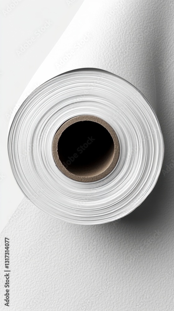 Poster close up view of a rolled up white fabric or paper, showing the core and tightly wound layers. the t