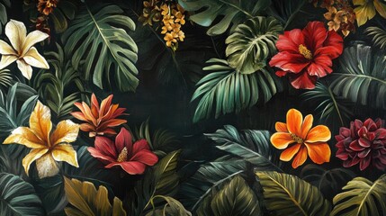 Fototapeta premium Elegant floral paradise filled with uniquely shaped tropical flowers and dense green leaves.