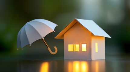 Miniature house under an umbrella, symbolic representation of home protection, cozy atmosphere with warm lights, creative idea.