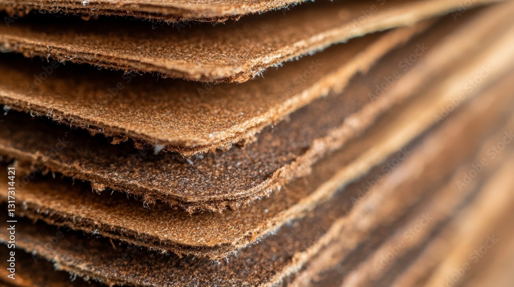 Poster close up view of a stack of brown, textured sheets, showing details of the surface and edges. the li