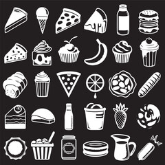 chalk food icon vector illustrations. wedding dinner icons, wine or champagne glass, cheese, and charcuterie drawings for wedding invitations, cafe menus, and parties