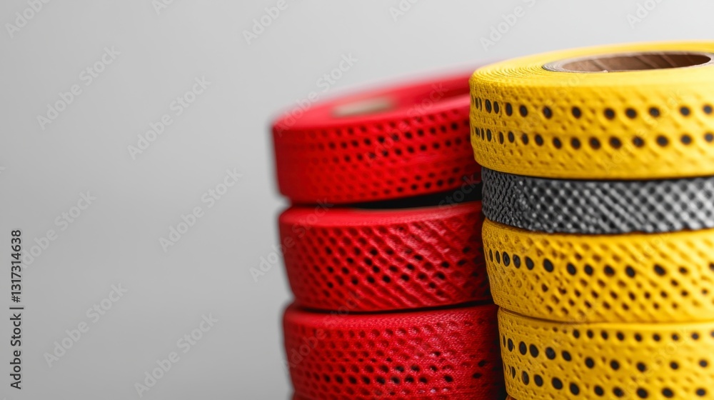Poster stacks of perforated red and yellow tapes against a light gray background. close up view highlightin