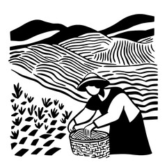 Harvesting crops in rolling hills, a farmer works diligently under the sun