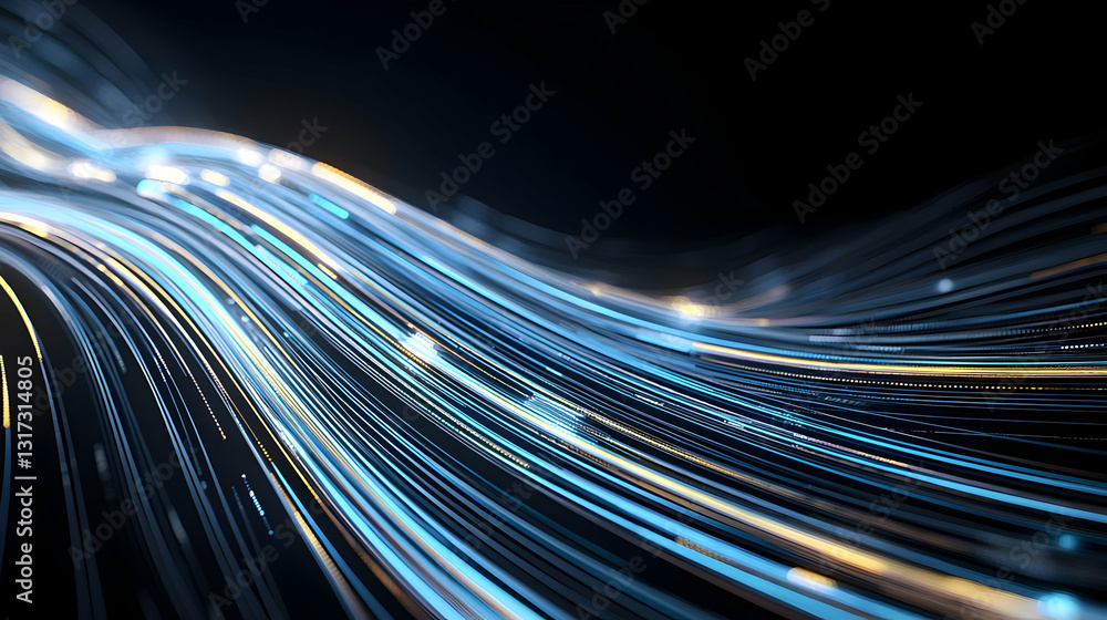 Poster flowing blue and gold data stream on black background with sparkling light particles digital informa