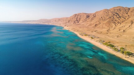 Red Sea Coastline Panorama: An Aerial Photography Showcase of Land and Sea Harmony with Wide-Angle Lens.