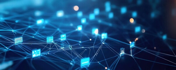 Obraz premium Blue technology background with network connections and digital data transfer gradient background with simple shapes.