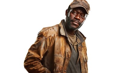 Fototapeta premium Confident male figure in rugged clothing, expressing resilience and character in casual setting