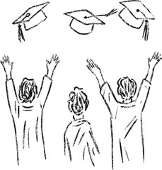 Crayon Sketch Three Guys Throwing Cap Hand Drawn Textured Illustration