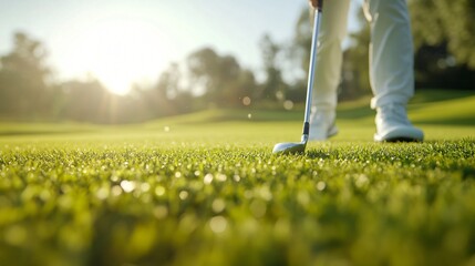 Person standing on lush green golf course, golfer in casual attire ready to swing, sun shining in the background.
