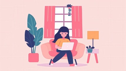 Student Studying at Home with Laptop in Cozy Living Room Setting