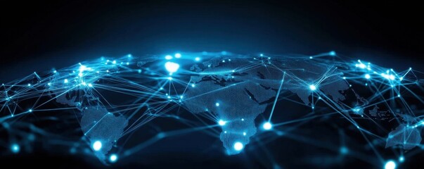 Blue digital network with glowing connections- representing the power of technology and global connectivity. The dark background highlights the light from each connection.