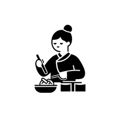 Cooking noodles with traditional utensils in a serene kitchen setting