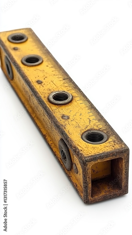 Poster close up view of a yellow rectangular metal object with multiple threaded holes, showing wear and di