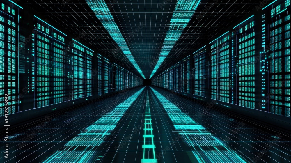 Poster futuristic data center with glowing lines and digital grids