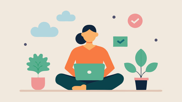 Mental Health in Remote Work A telework consultant discussing the importance of mental health during remote work with calming visuals like plants meditation icons and wellness