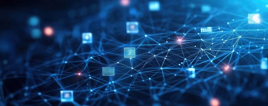 Blue technology background with network connections and digital data transfer gradient background with simple shapes.