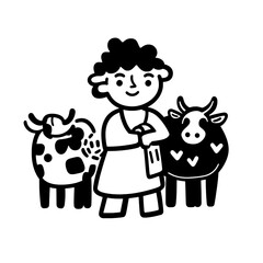 Playful farmer interacts with happy cows in a simple vector illustration showcasing rural life and companionship