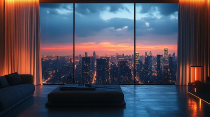 A modern apartment with open curtains showcasing a glowing city skyline at dusk, skyscrapers illuminated by the fading sunlight, soft reflections of the interior lights on the window,