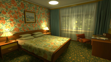 Hotel Room Interior Cozy bedroom with floral wallpaper, desk, and view. Ideal for travel or hospitality websites