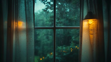 A moody outdoor view of rain-drenched trees through a glass window, the curtains gently swaying in the breeze, droplets glistening on the glass, soft warm light inside contrasting the cool rain,