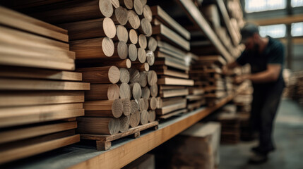 Obraz premium Thoughtful worker standing in front of a large stack of wood inspecting inventory on shelves with careful attention