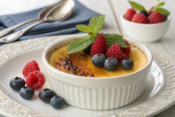 Delicious Creme Brulee Dessert with Fresh Berries and Mint Garnish